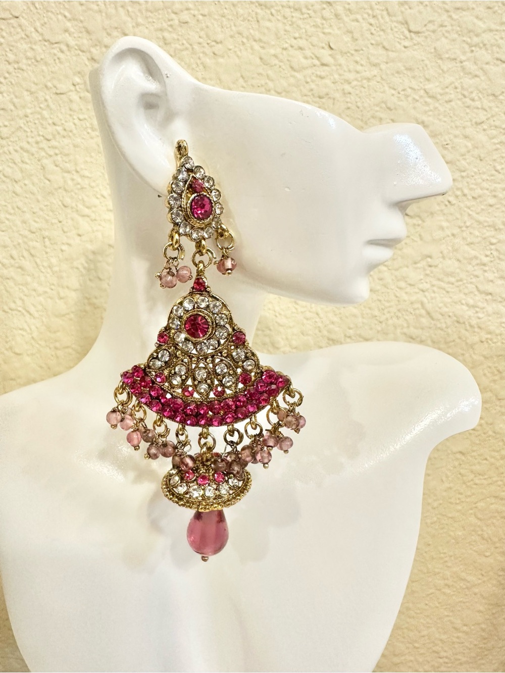 Gold-Tone Pink Crystal Chandelier Earrings - Southeast Asian